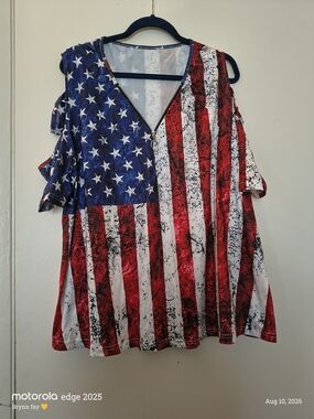 American Flag Cold-Shoulder V-Neck Women's Top - Red/White/Blue
